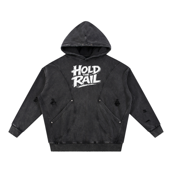 Snow Washed Distressed Panel Pocket Hoodie